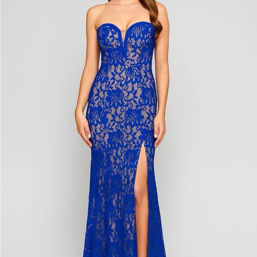 Xscape Royal Blue Strapless Lace Dress